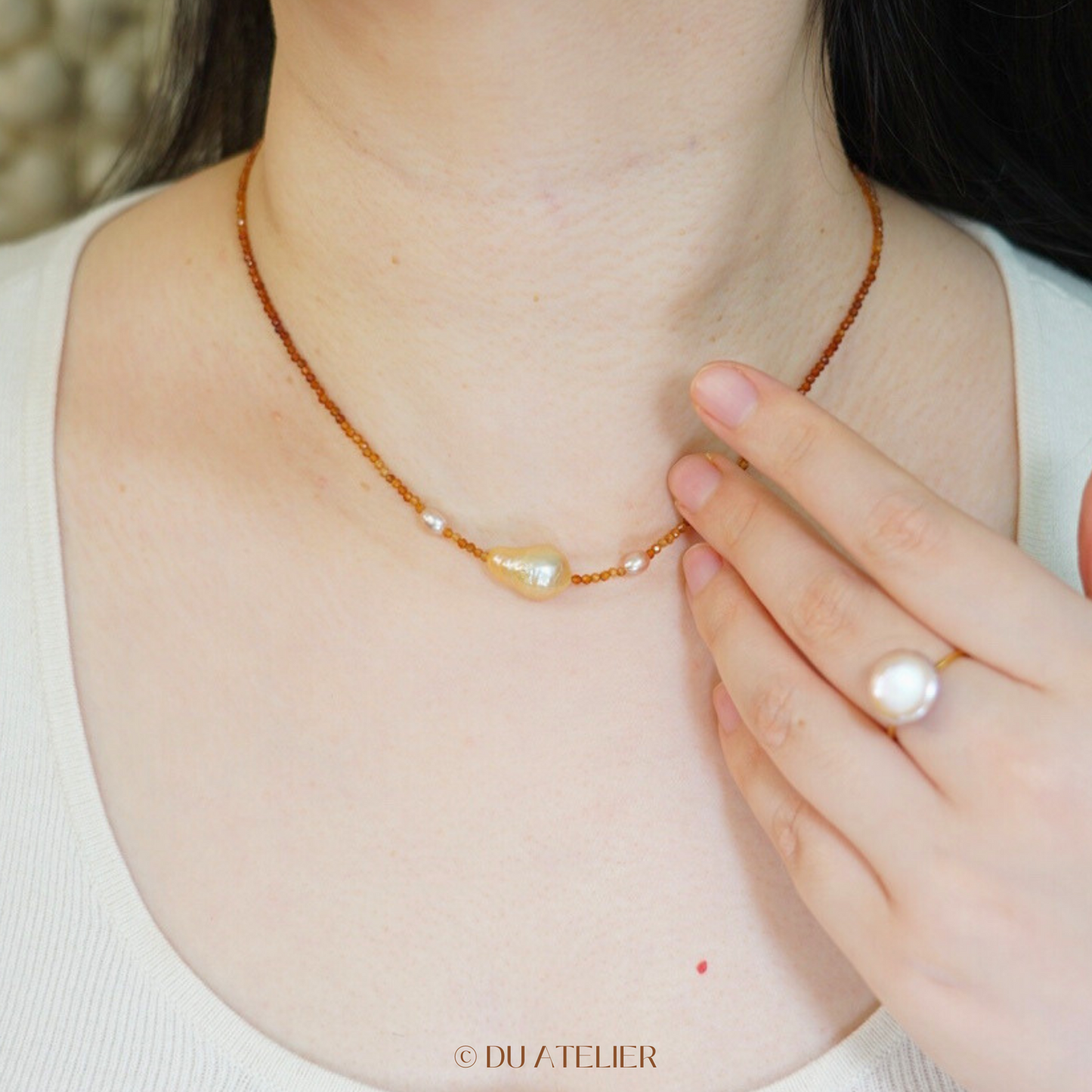 Natural Gold Baroque Pearl with Orange Garnet Necklace