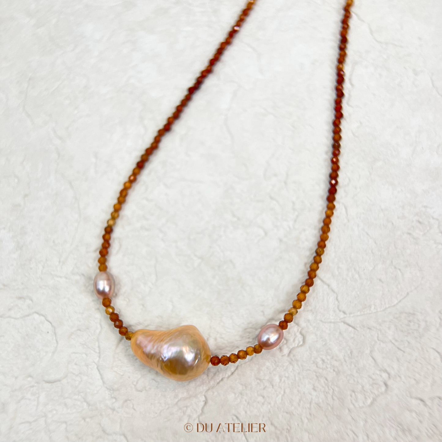 Natural Gold Baroque Pearl with Orange Garnet Necklace