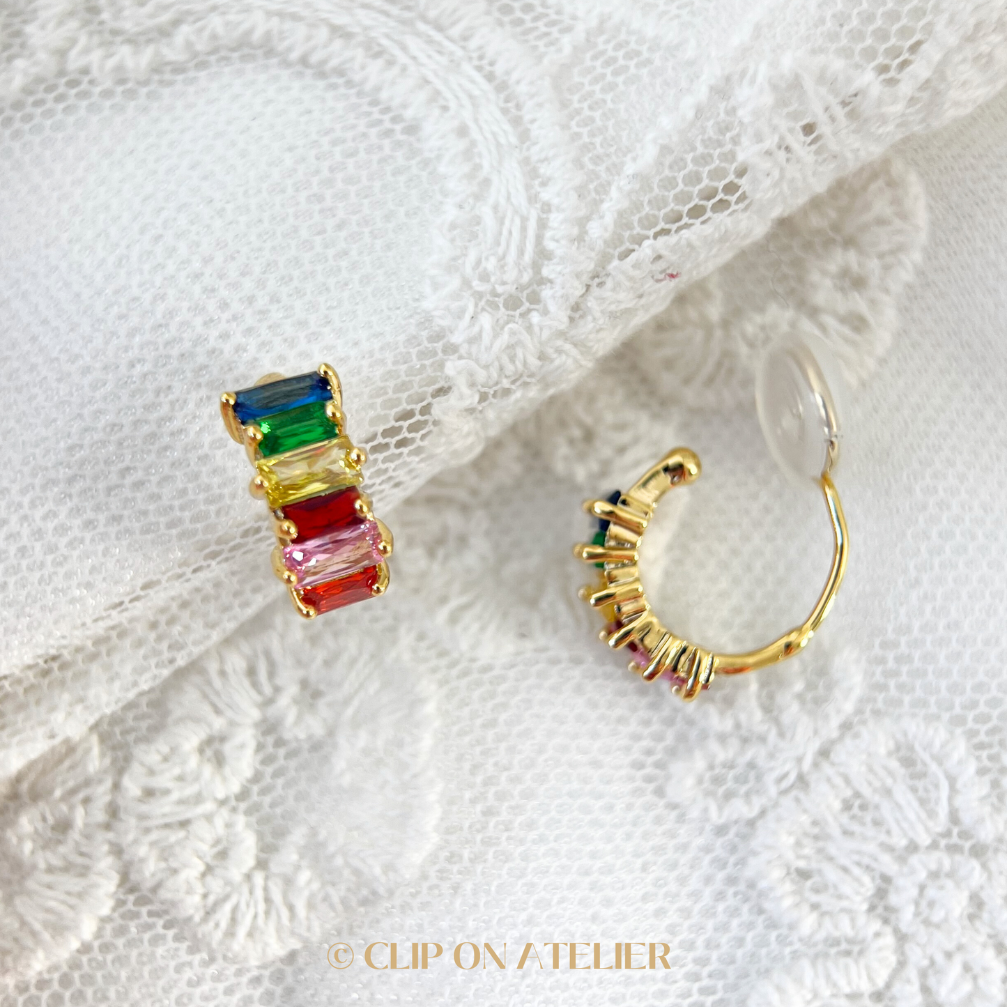 Colorful Rainbow CZ Diamond Hoop Clip on Earrings