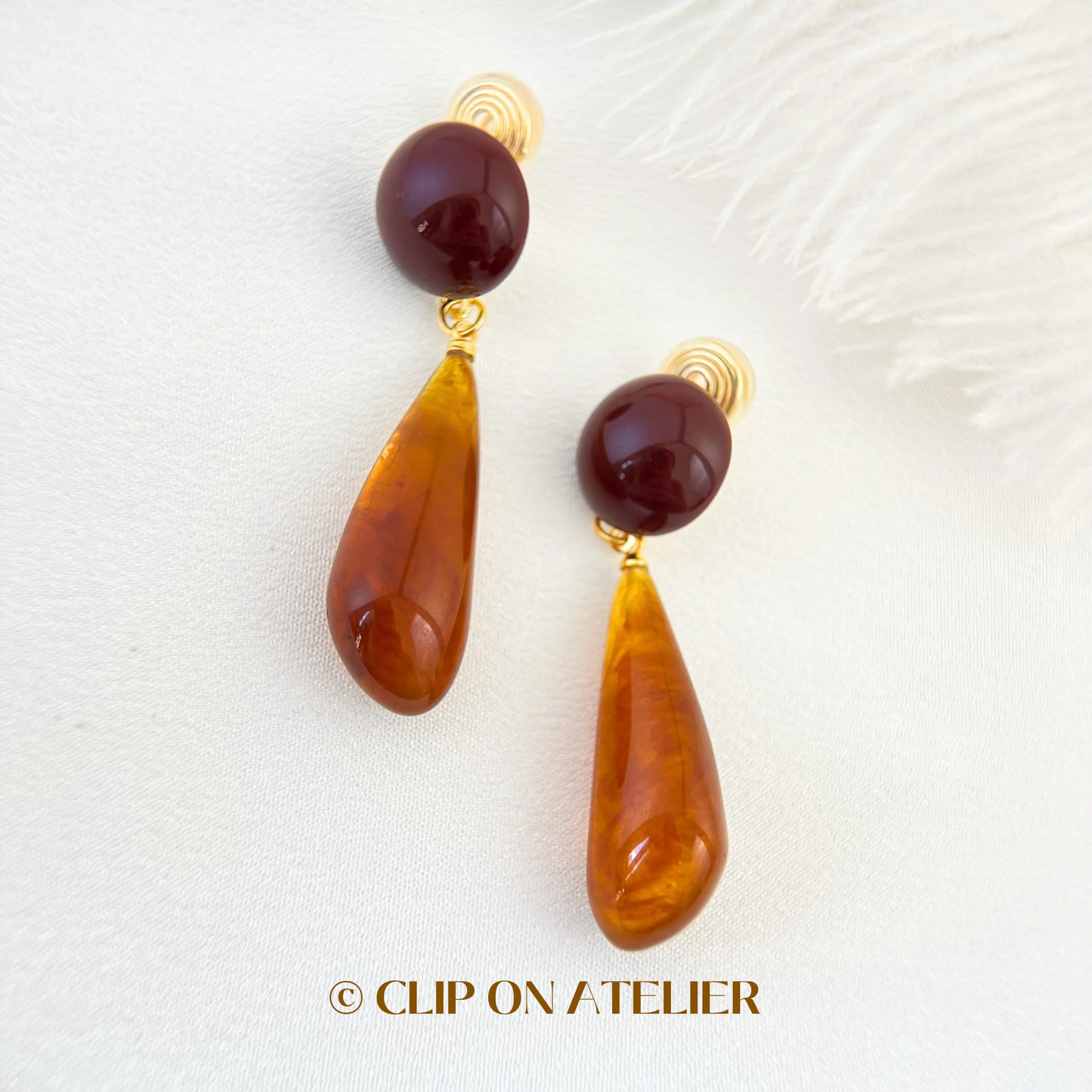 Artistic Retro Burgundy Resin Statement Clip On Earrings