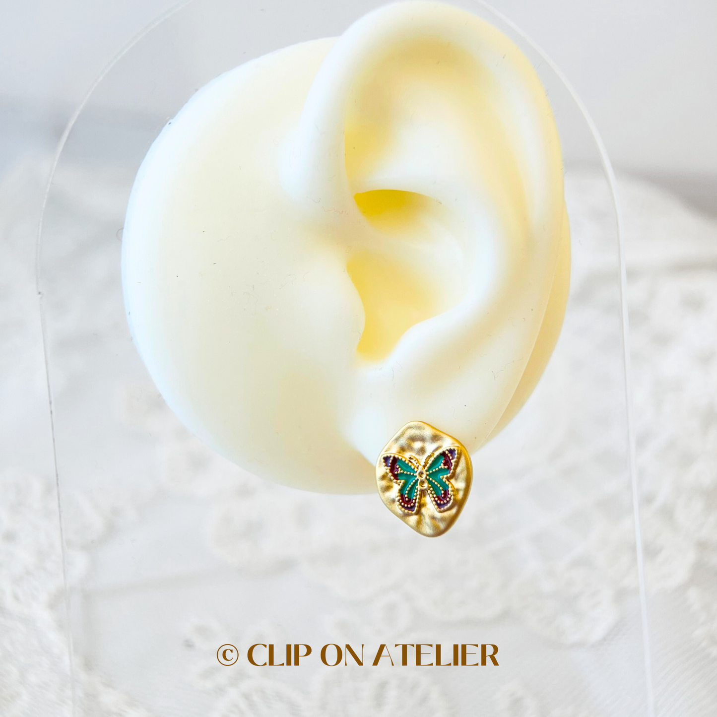 Retro Blue Butterfly Gold Clip On Earrings