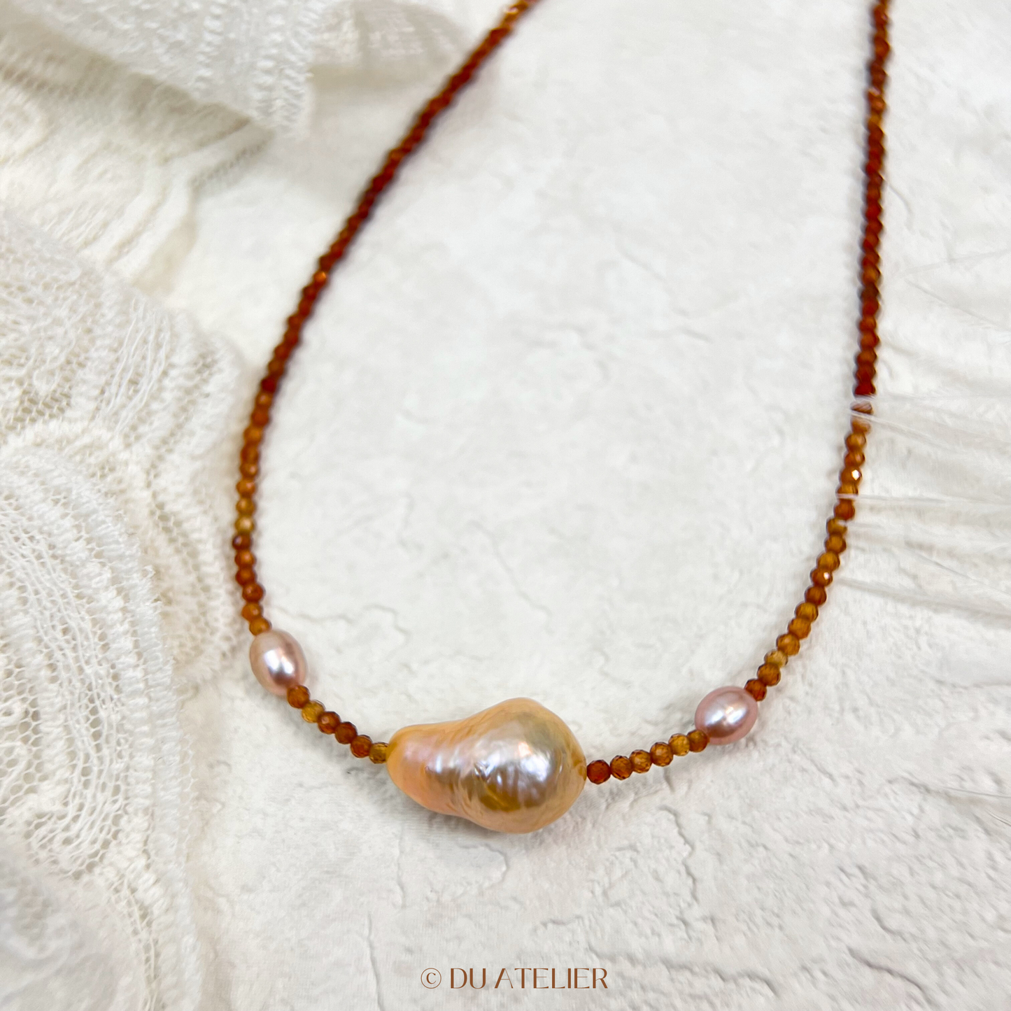 Natural Gold Baroque Pearl with Orange Garnet Necklace