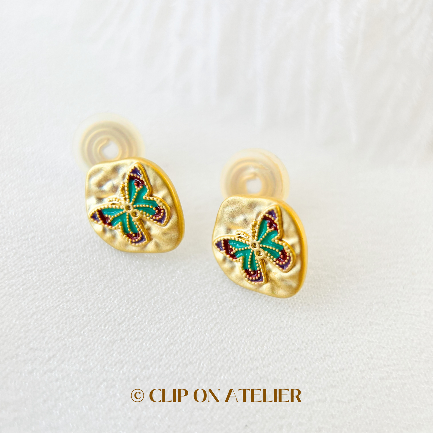 Retro Blue Butterfly Gold Clip On Earrings