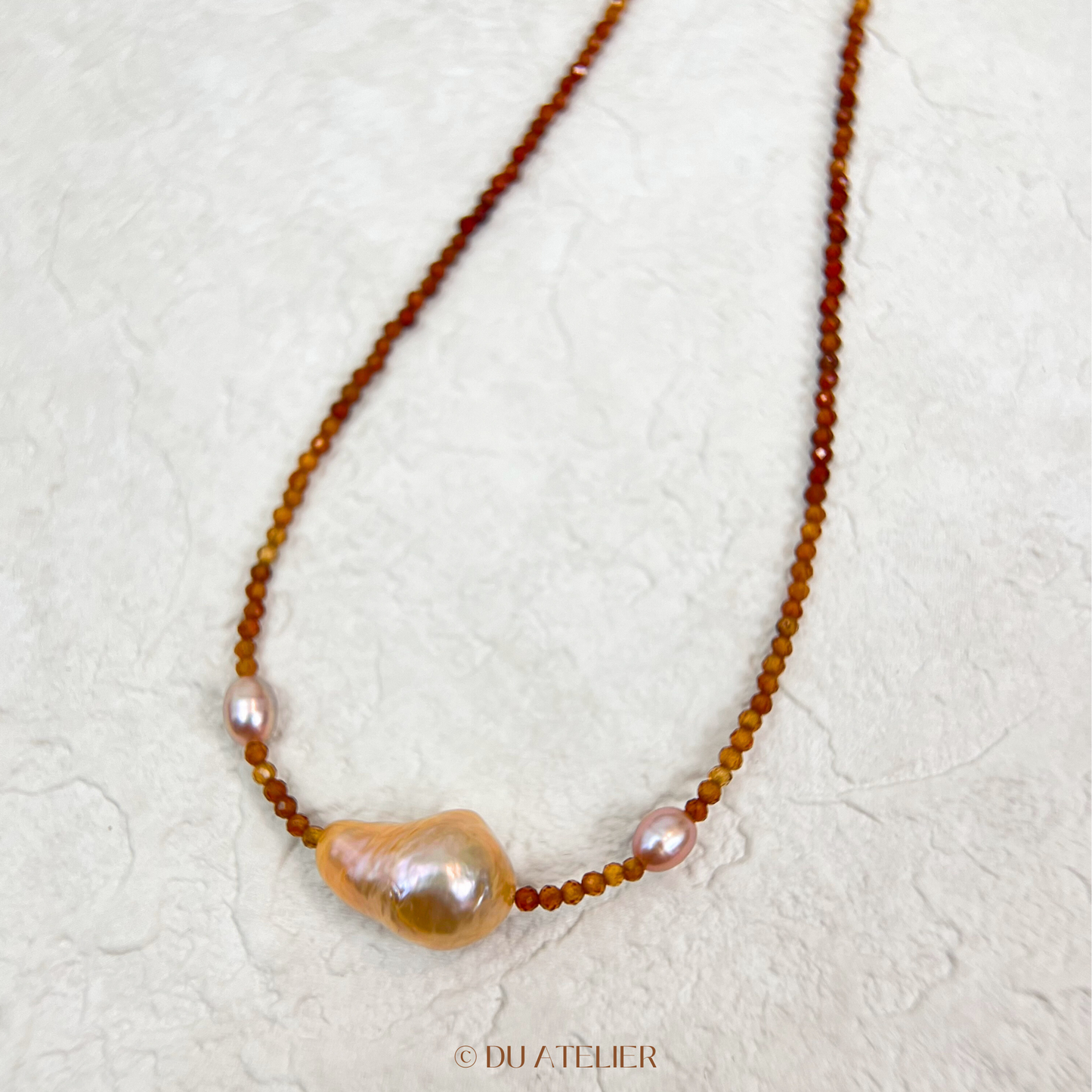 Natural Gold Baroque Pearl with Orange Garnet Necklace