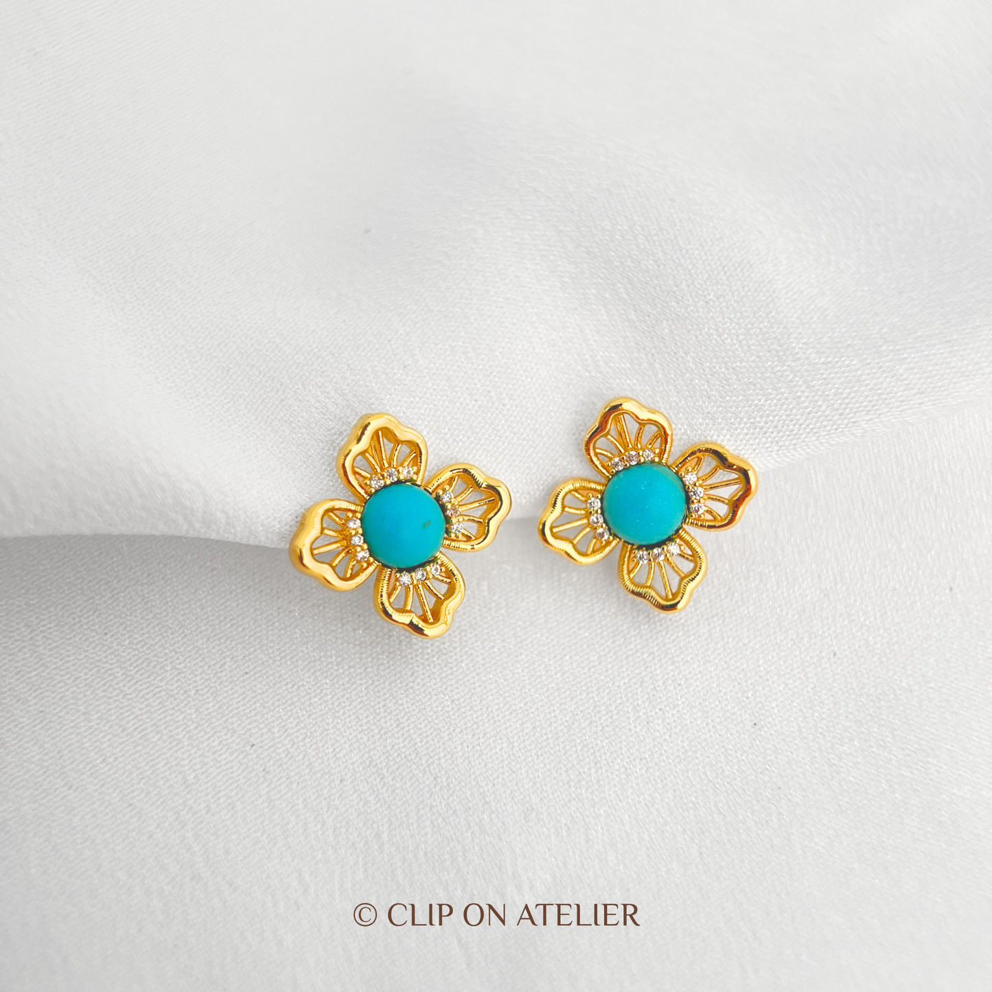Delicate Gold Clover Turquoise Clip On Earrings