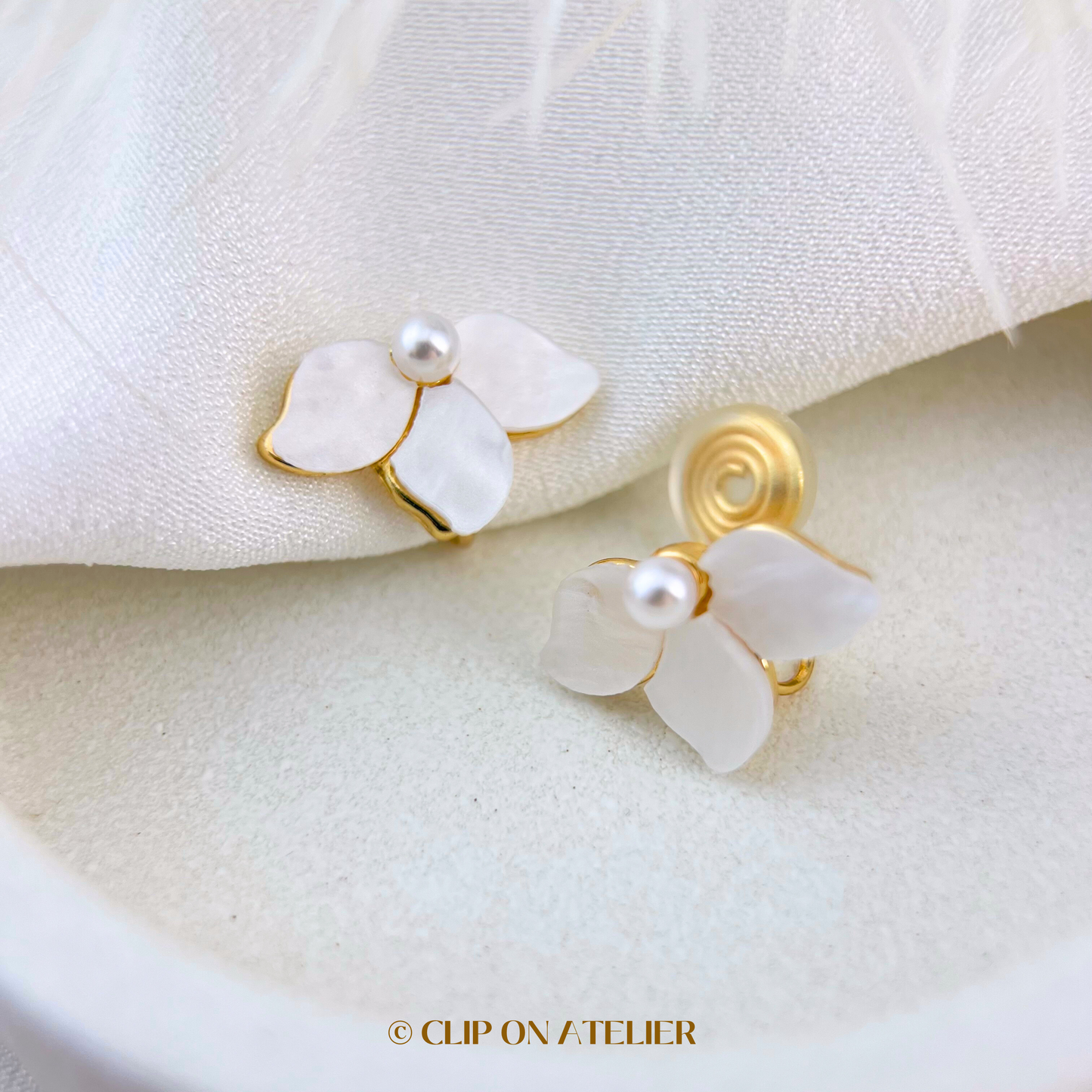 White Flower Clip On Earrings