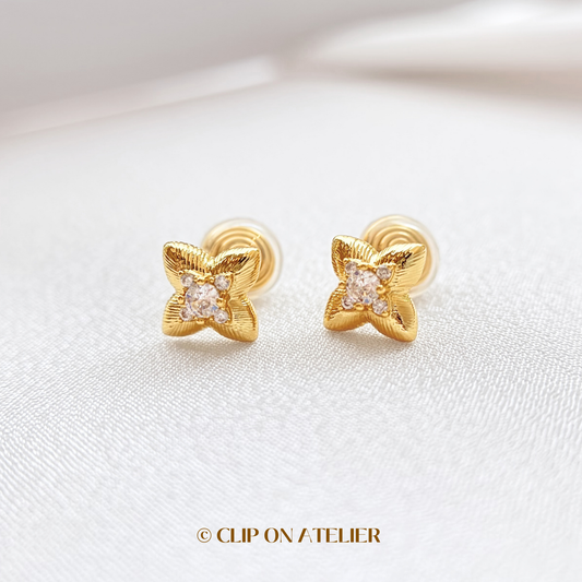 Celestial Four-pointed Star CZ Diamond Floral Clip On Earrings