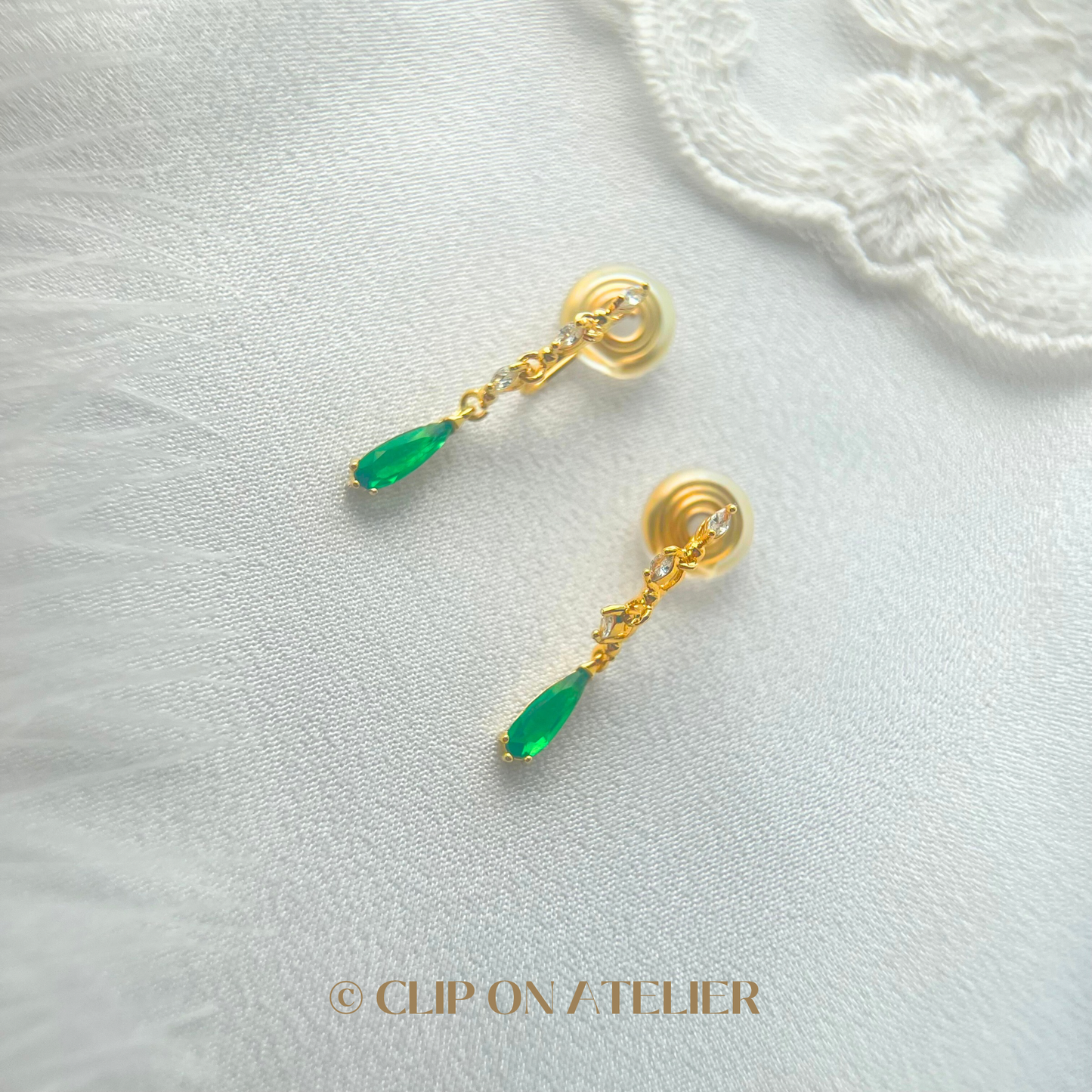 Green Emerald CZ Diamond Drop Clip On Earrings