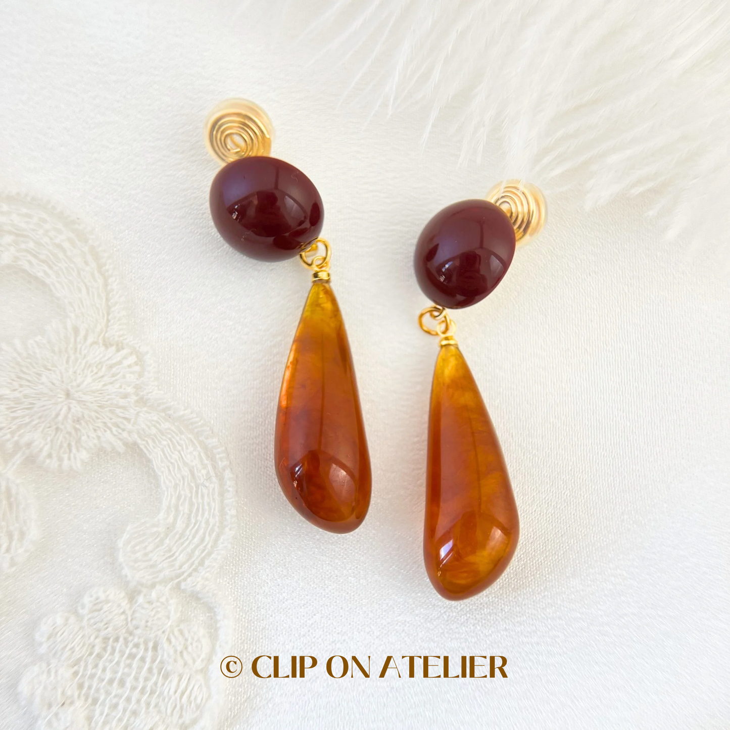 Artistic Retro Burgundy Resin Statement Clip On Earrings