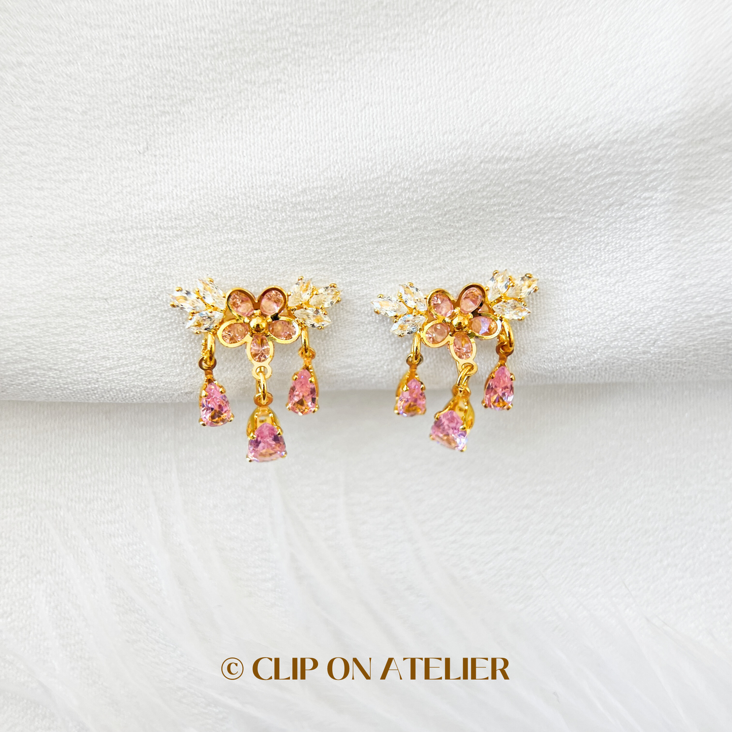 Luxe Pink Diamond Flower Dangle Clip On Earrings