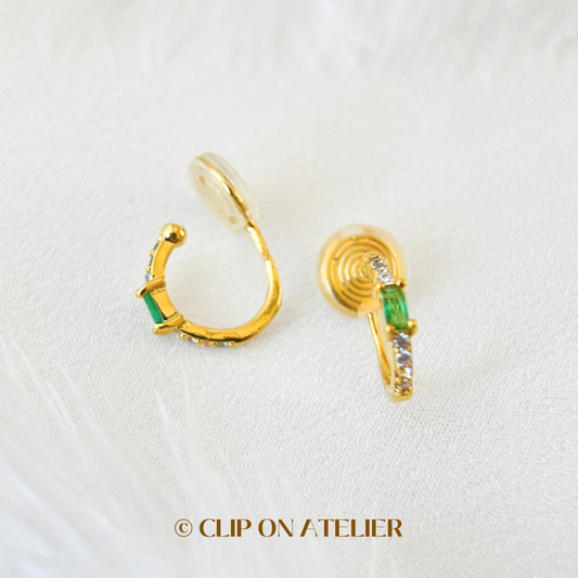 Dainty Gold Hoop Emerald Clip On Earrings
