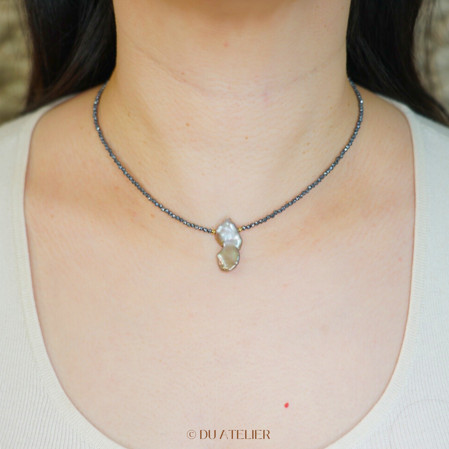 Metallic Freshwater Baroque Pearl with Black Spinel Necklace