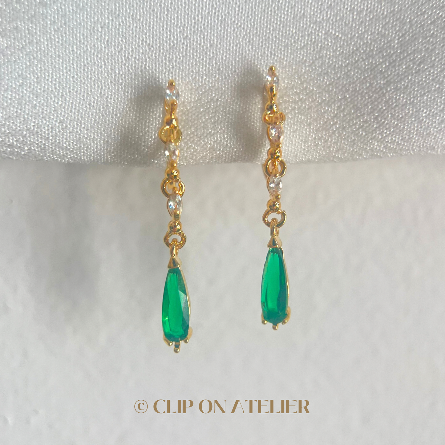 Green Emerald CZ Diamond Drop Clip On Earrings