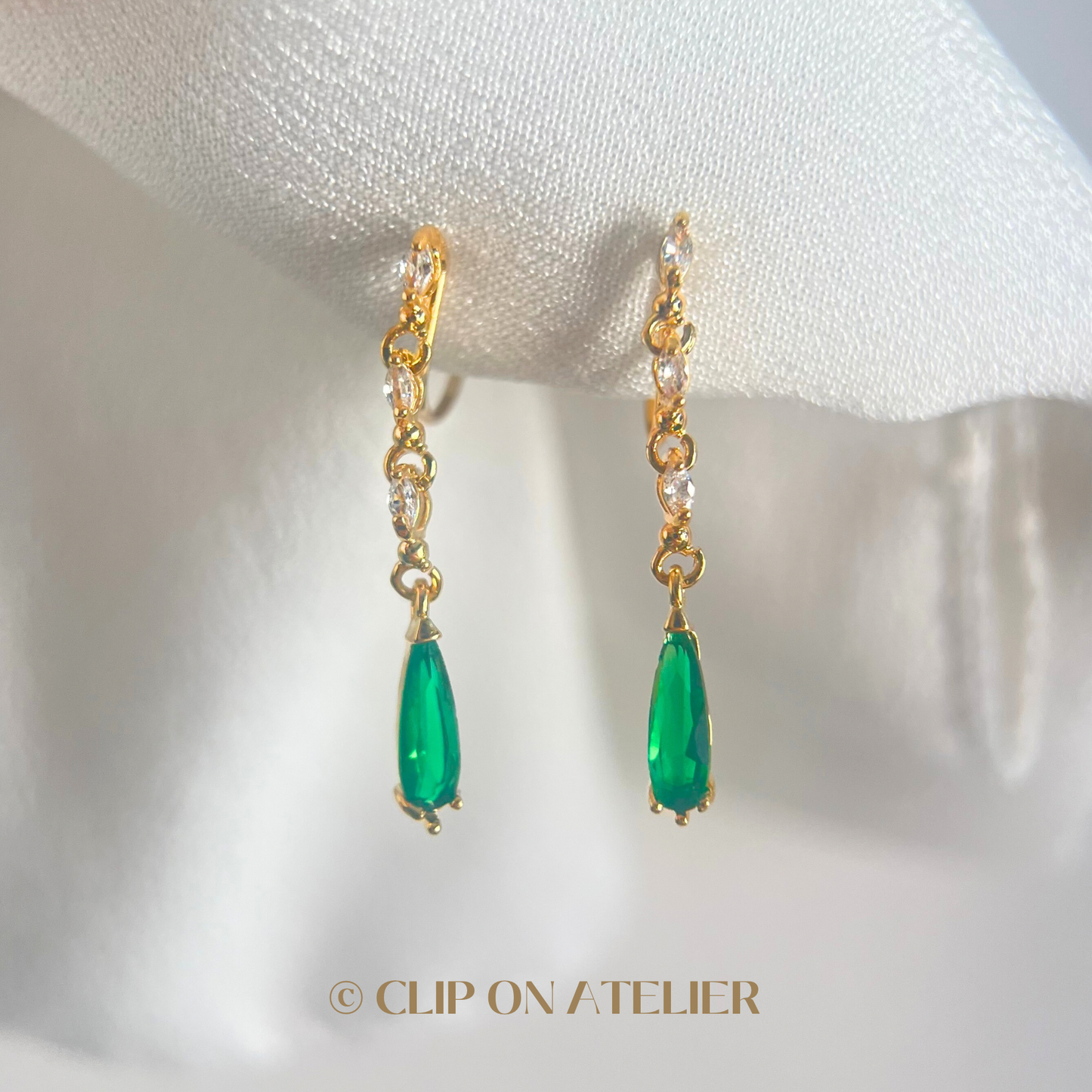 Green Emerald CZ Diamond Drop Clip On Earrings