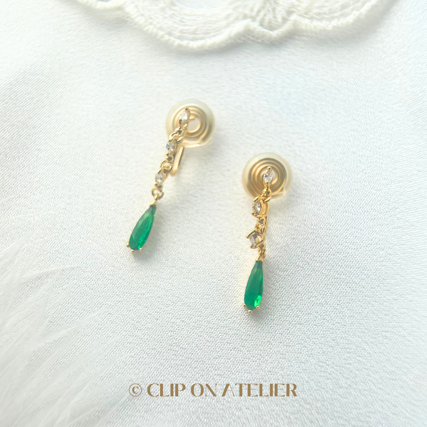 Green Emerald CZ Diamond Drop Clip On Earrings