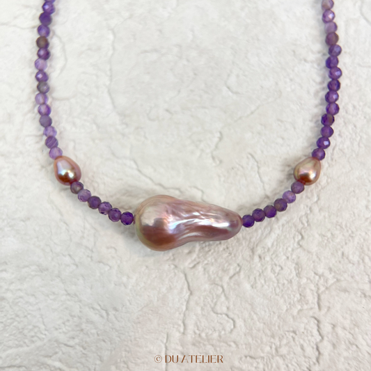 Natural Purple Baroque Pearl with Amethyst Necklace