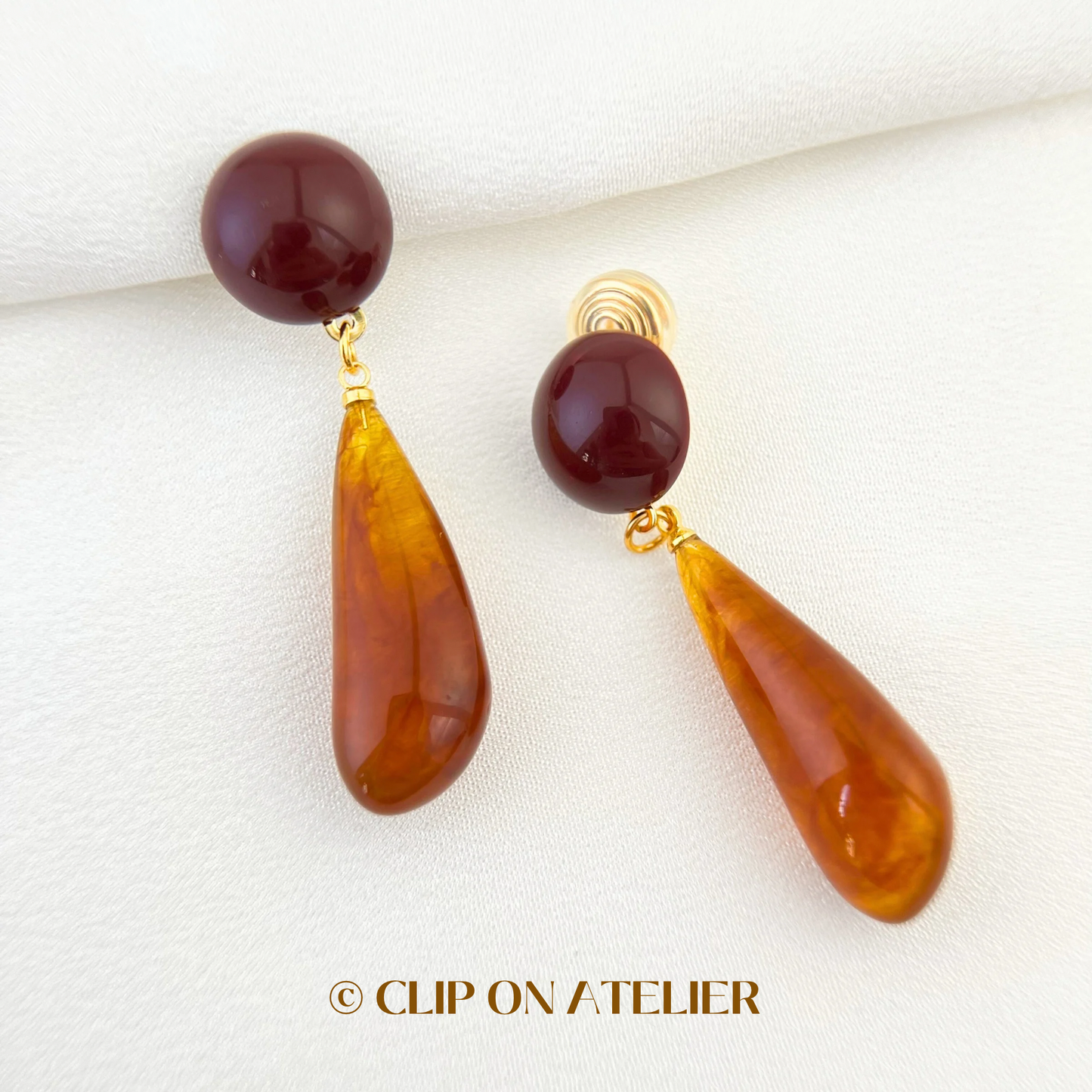 Artistic Retro Burgundy Resin Statement Clip On Earrings