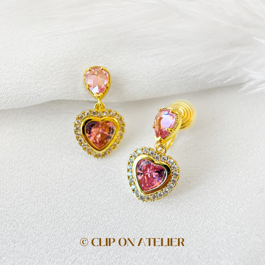 Luxe Large Pink Diamond Heart Dangle Clip On Earrings