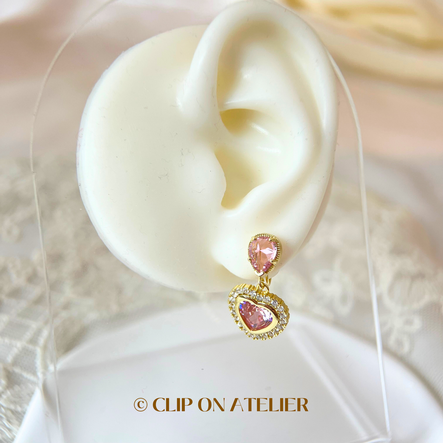 Luxe Large Pink Diamond Heart Dangle Clip On Earrings