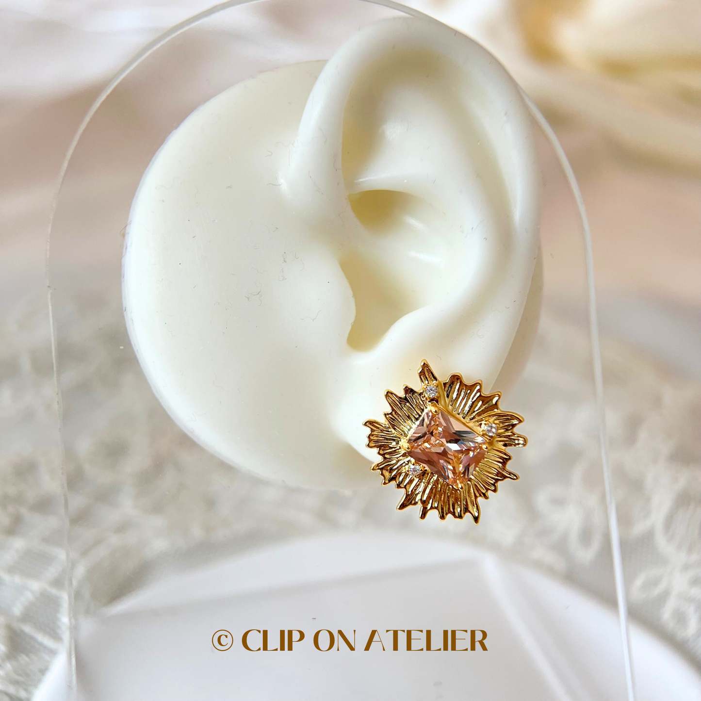 Luxe Statement Gold Sunburst w. Nude Pink CZ Diamond Clip On Earrings