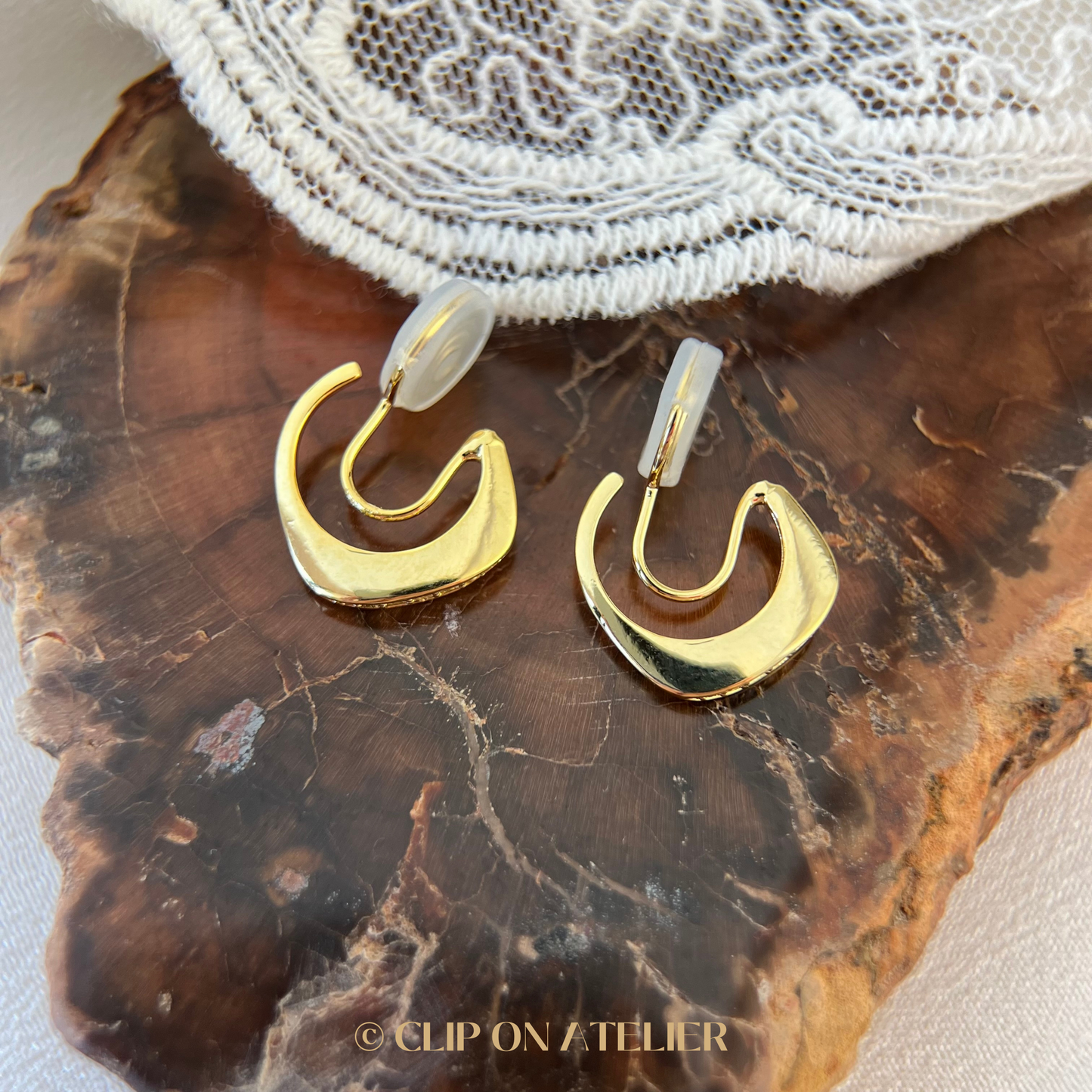 Irregular Hoops & CZ Diamonds Clip on Earrings; Gold or Silver