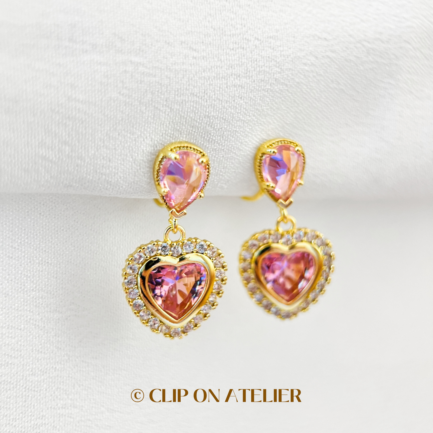 Luxe Large Pink Diamond Heart Dangle Clip On Earrings