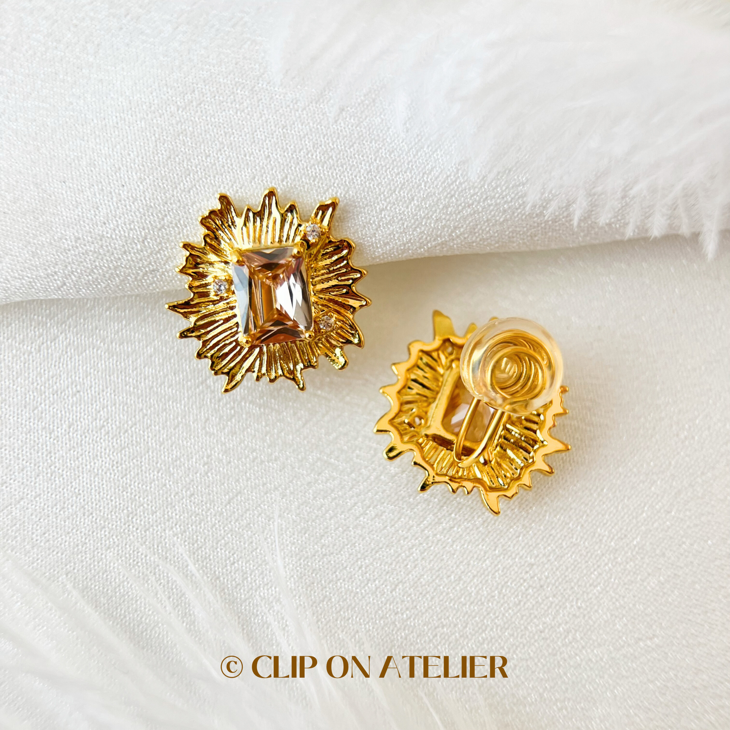 Luxe Statement Gold Sunburst w. Nude Pink CZ Diamond Clip On Earrings