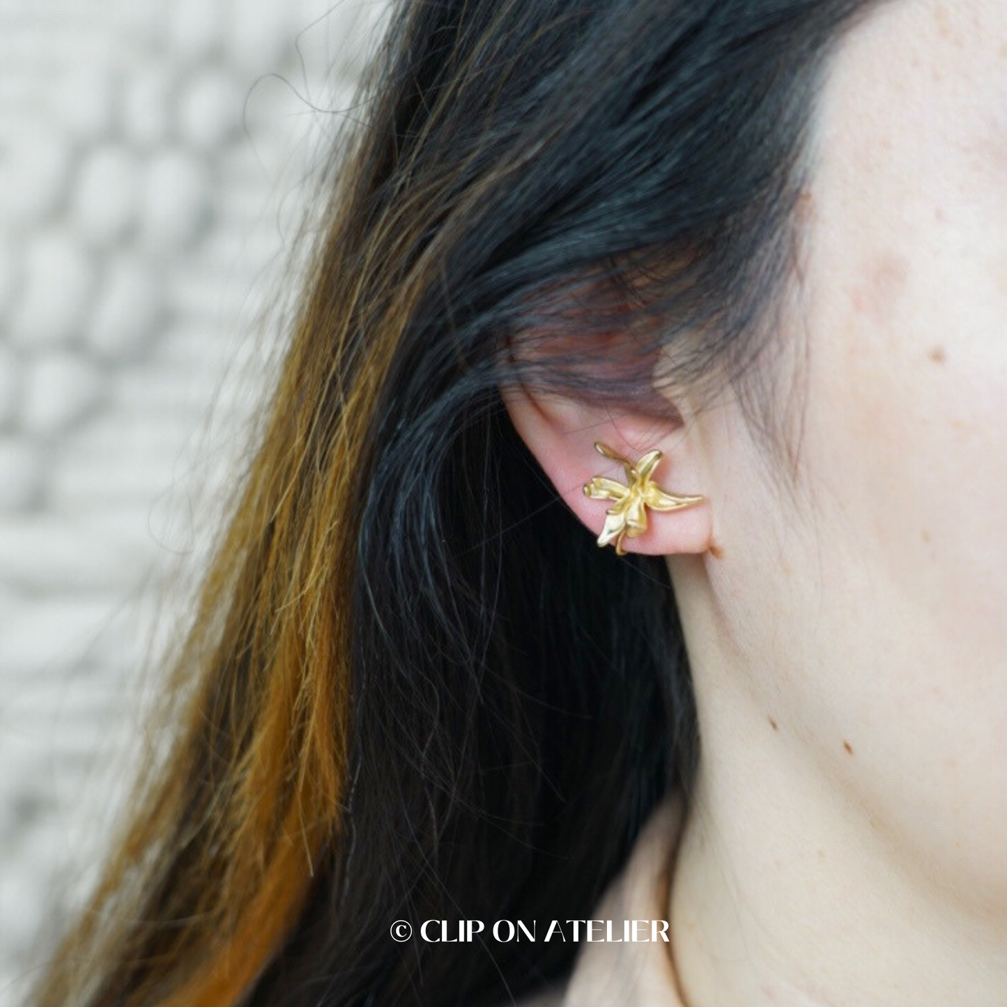 Unique Magnolia Flower Matte Gold Clip On Earrings