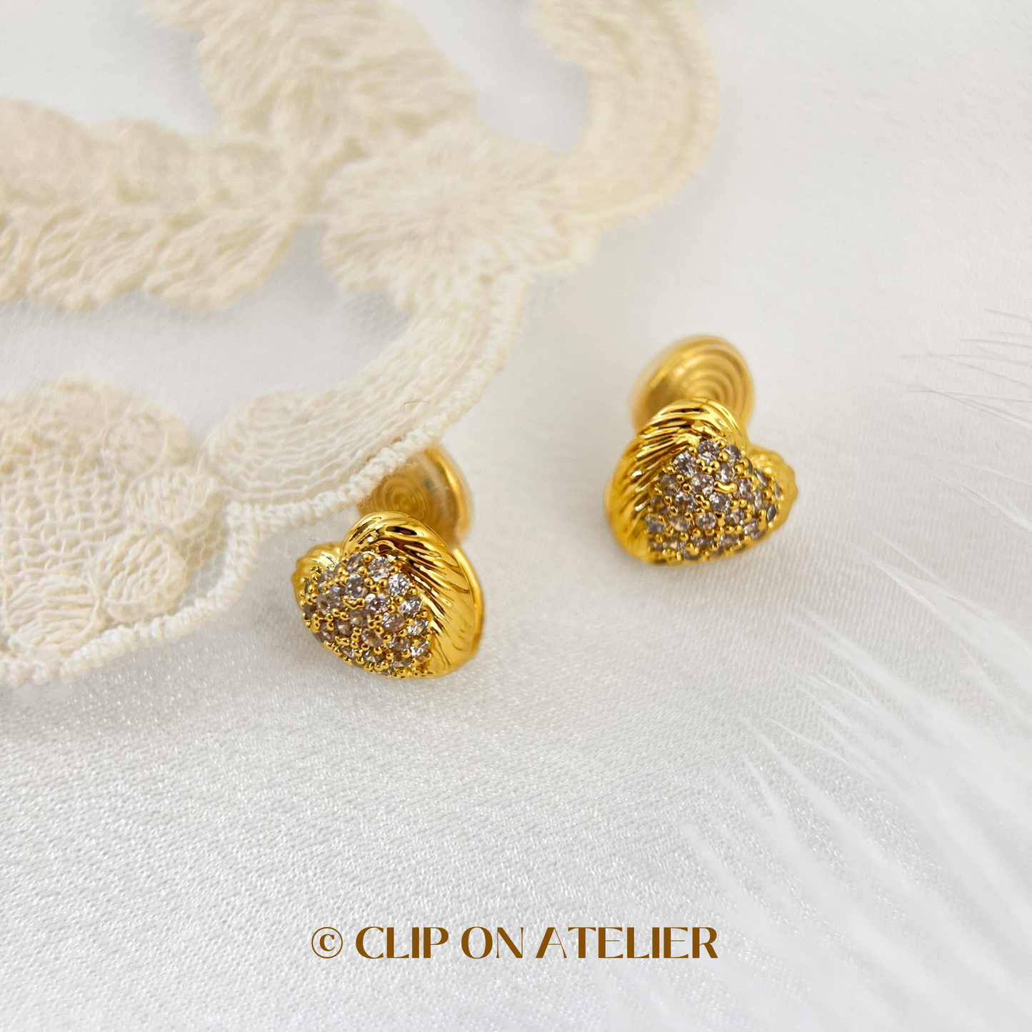 Gold Diamond Pavé Heart Clip On Earrings