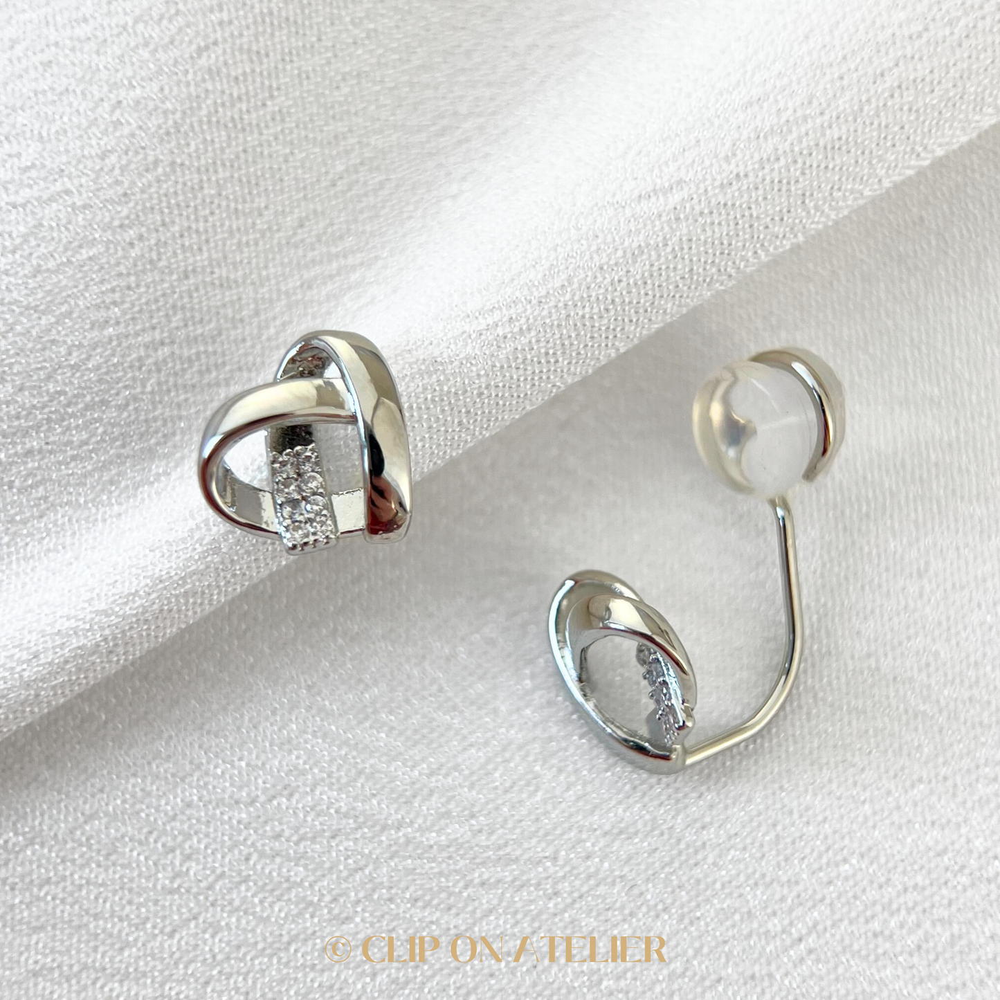 Heart Love & CZ Diamond Clip on Earrings; Gold or Silver