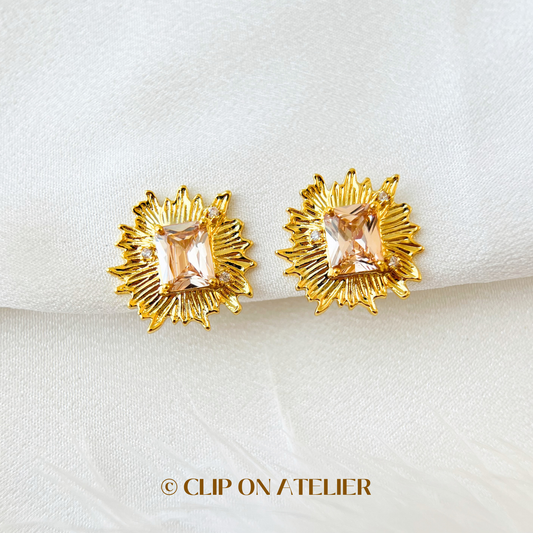 Luxe Statement Gold Sunburst w. Nude Pink CZ Diamond Clip On Earrings