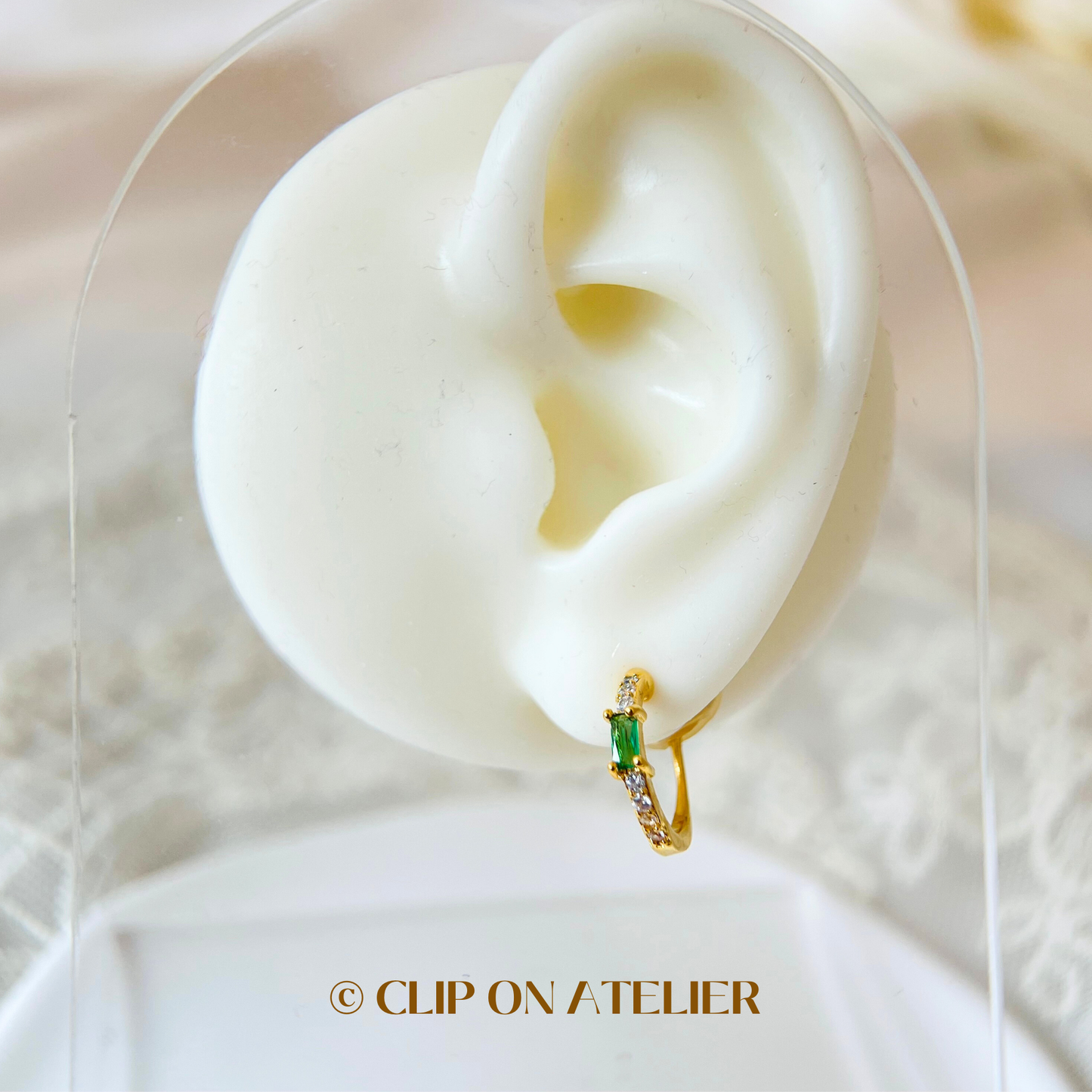 Dainty Gold Hoop Emerald Clip On Earrings