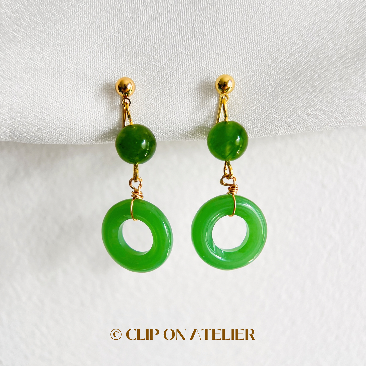 Green Jade Lucky Hoop Drop Clip On Earrings
