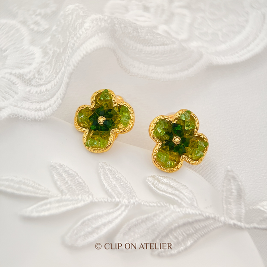Olive Clover Crystal Clip-On Earrings