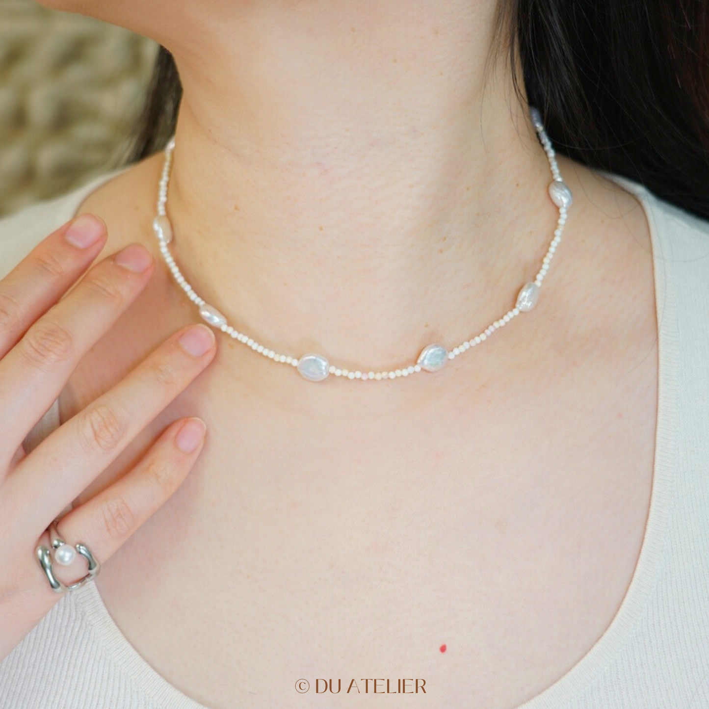 Natural Button Baroque Pearl with Pink Conch Necklace