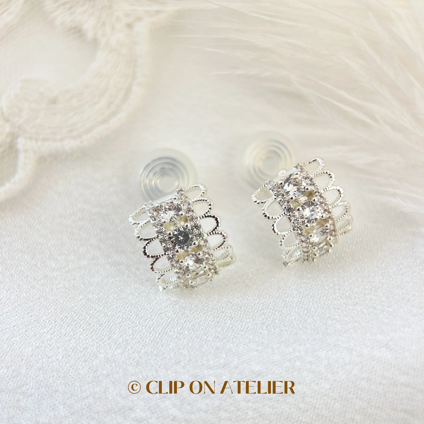 Gold / Silver Lace CZ Diamond Half Hoop Clip On Earrings