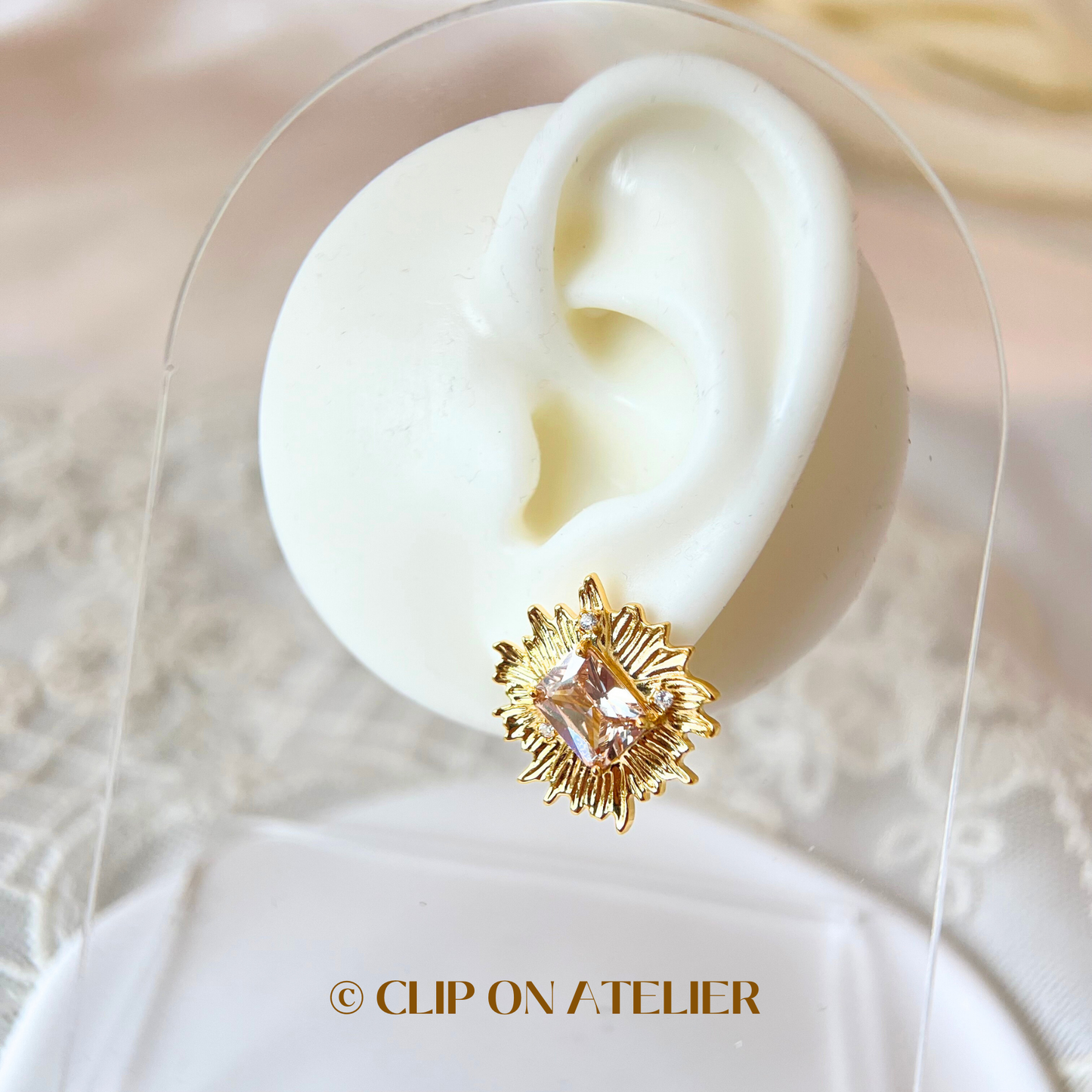 Luxe Statement Gold Sunburst w. Nude Pink CZ Diamond Clip On Earrings