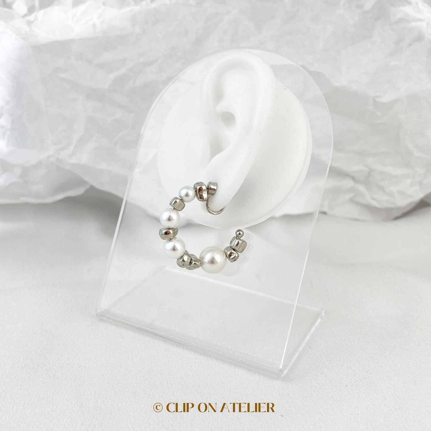 Large Silver Pearl Hoop Clip On Earrings