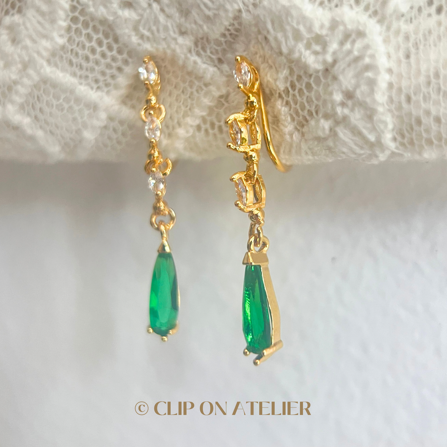 Green Emerald CZ Diamond Drop Clip On Earrings