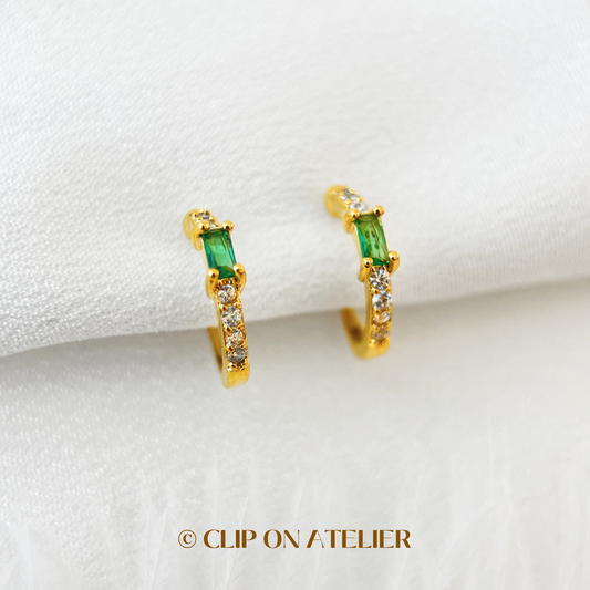 Dainty Gold Hoop Emerald Clip On Earrings