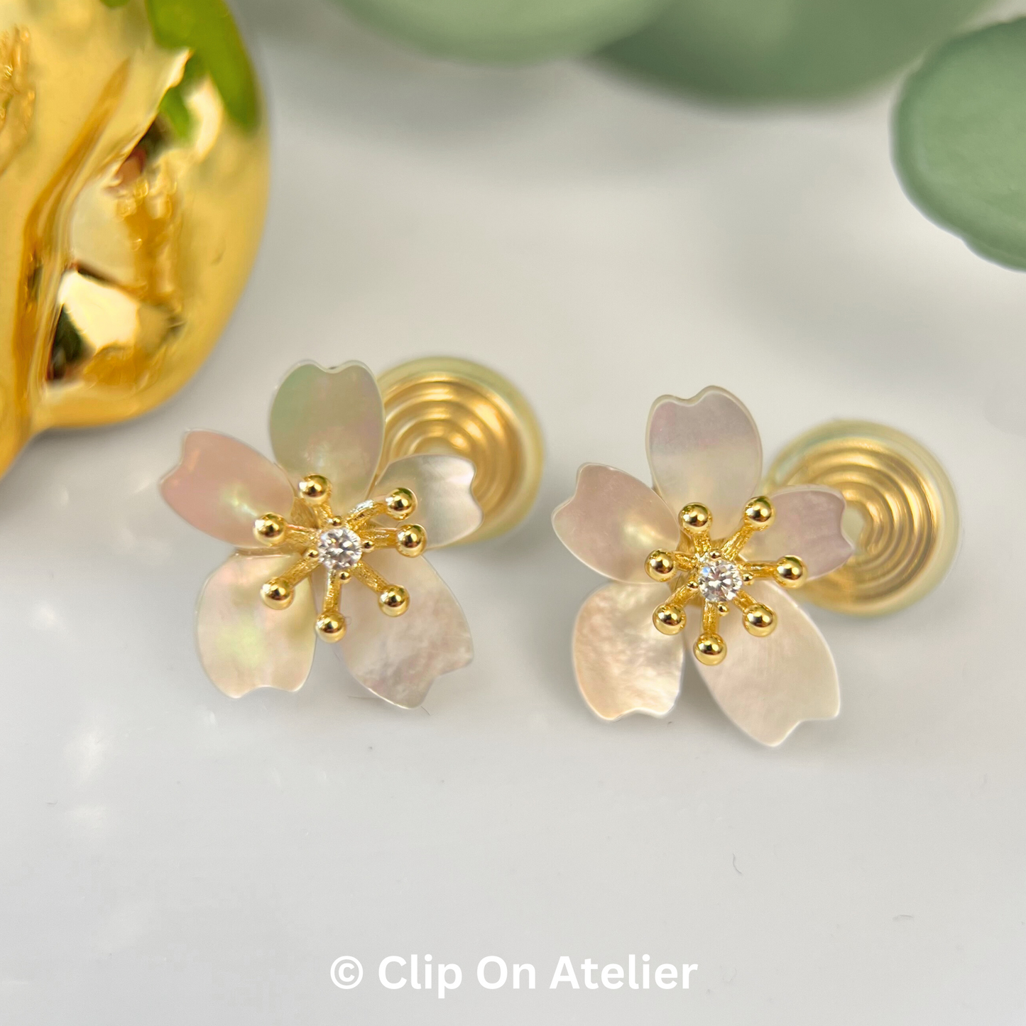 Natural Mother of Pearl Cherry Blossom Clip On Earrings