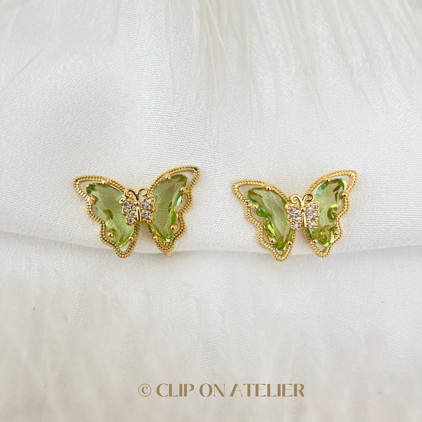 Luxe Green CZ Diamond Butterfly Clip On Earrings