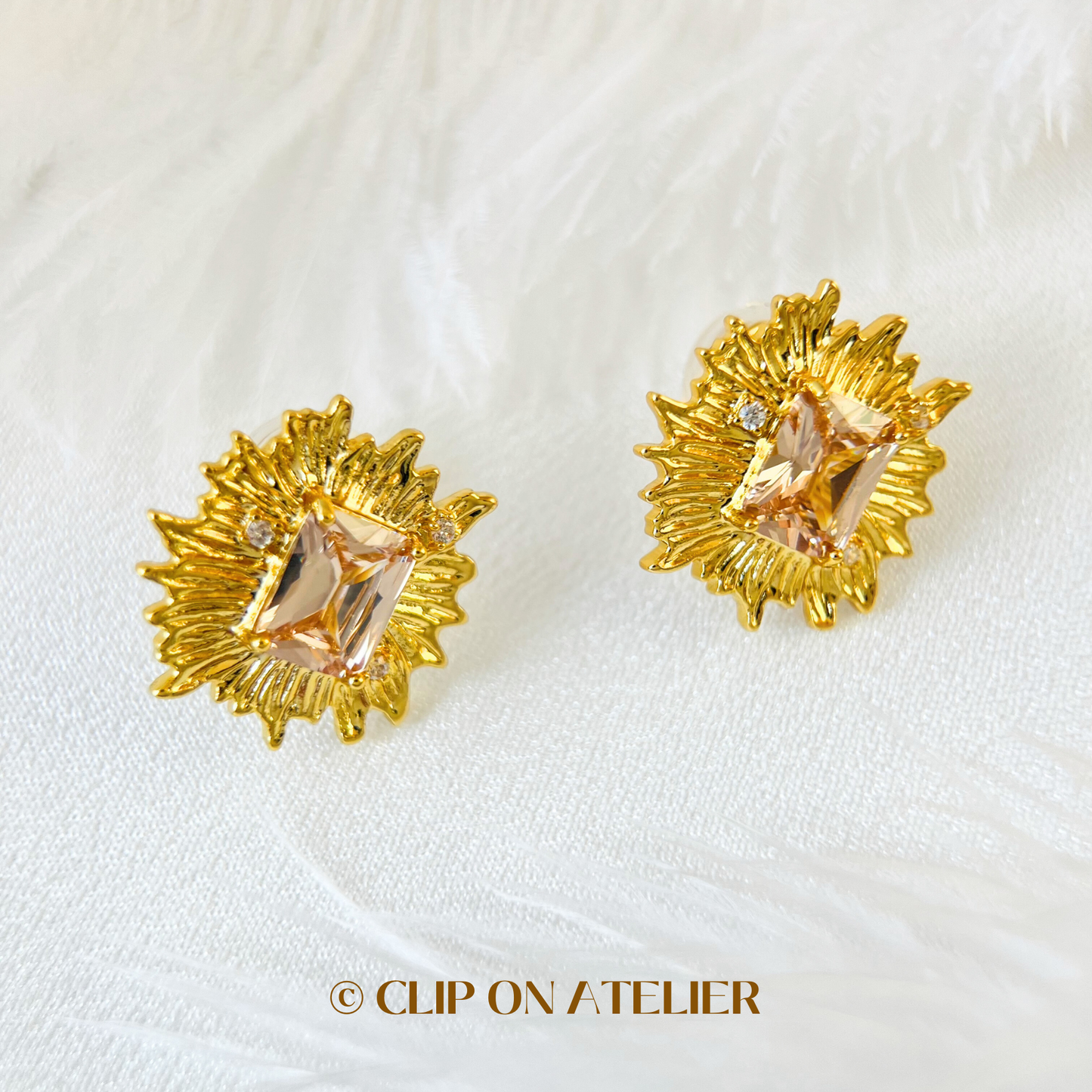 Luxe Statement Gold Sunburst w. Nude Pink CZ Diamond Clip On Earrings