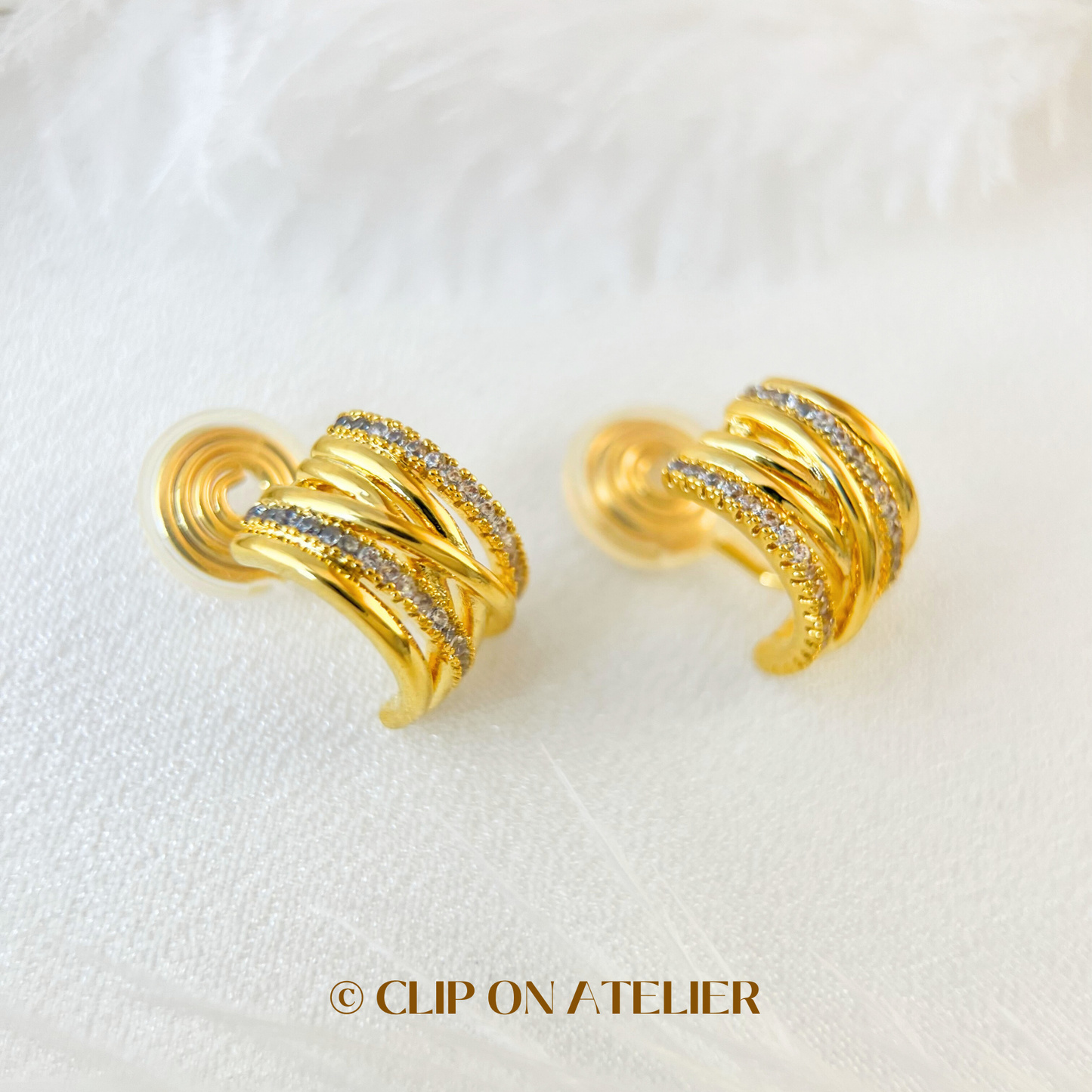 Gold Statement CZ Diamond Half Hoop Clip On Earrings