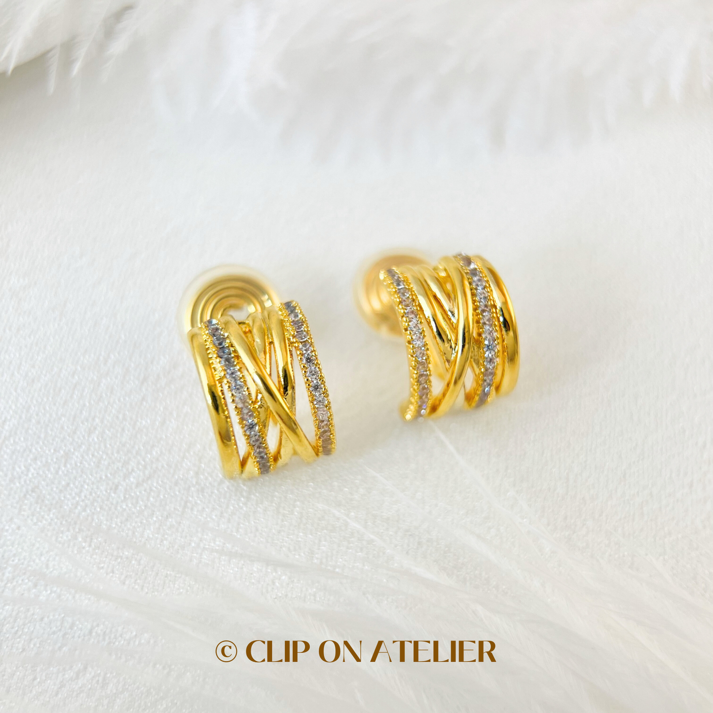 Gold Statement CZ Diamond Half Hoop Clip On Earrings