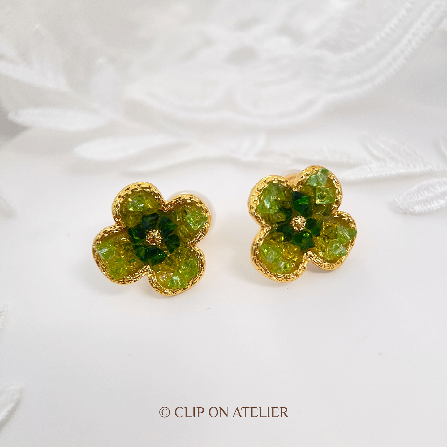 Olive Clover Crystal Clip-On Earrings