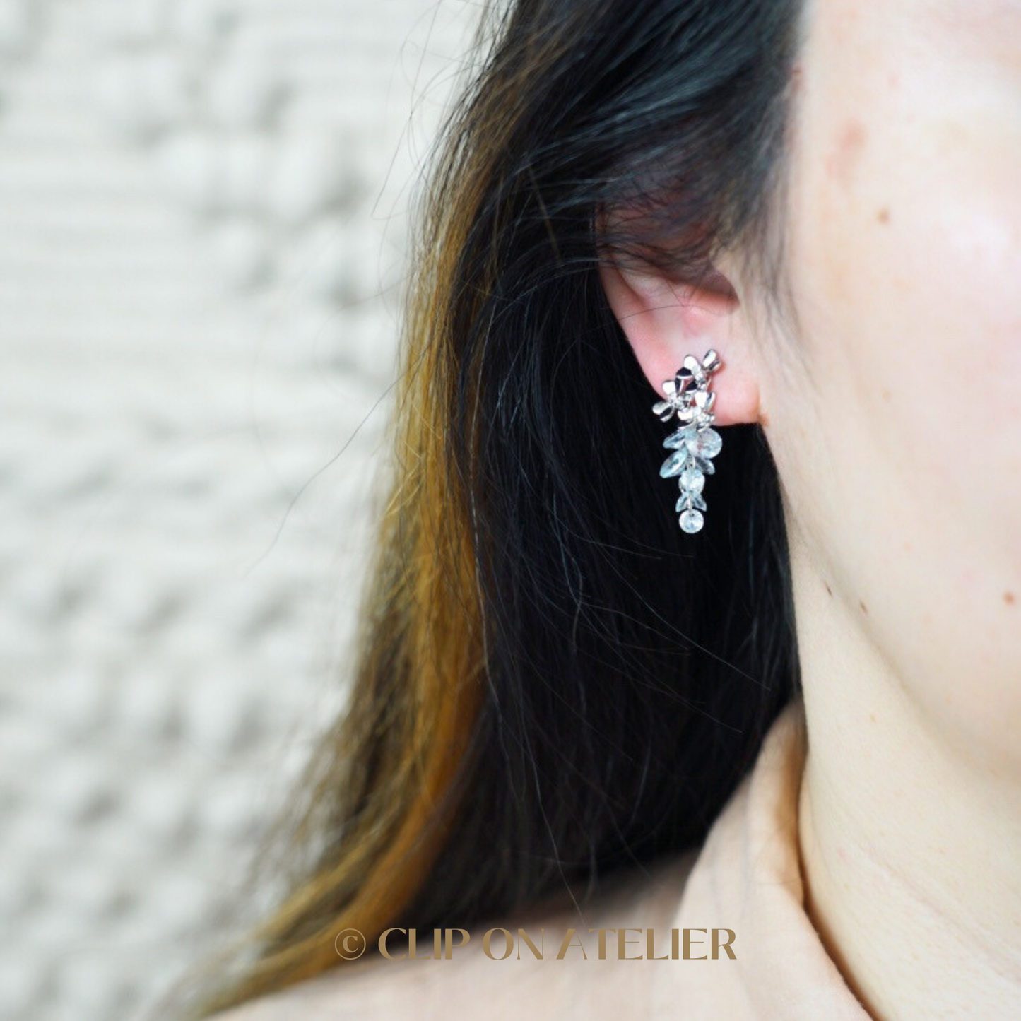 Sparkly Dangly Silver Flower CZ Diamond Clip On Earrings