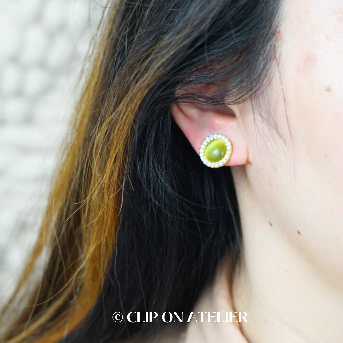 Radiant Cat Eye Olive Green Clip On Earrings