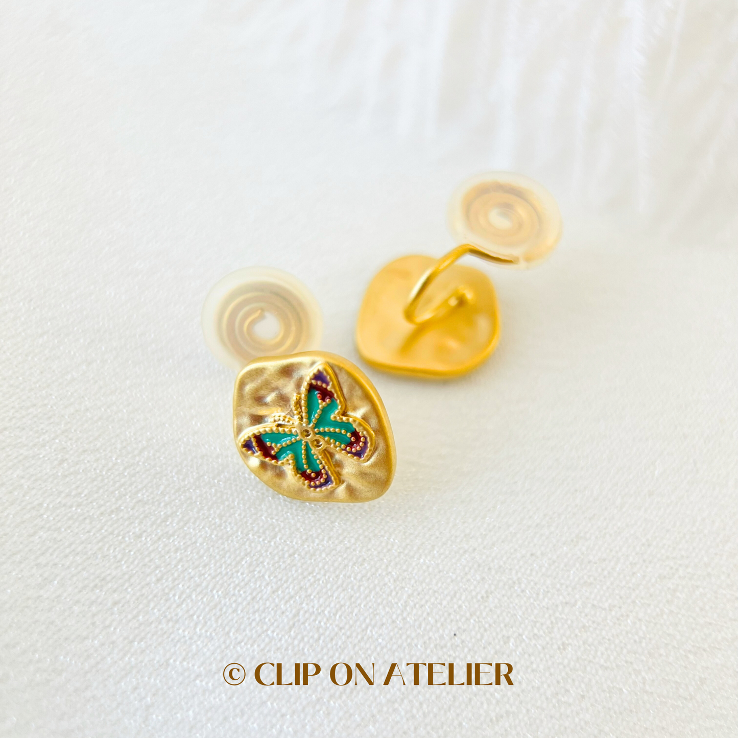 Retro Blue Butterfly Gold Clip On Earrings