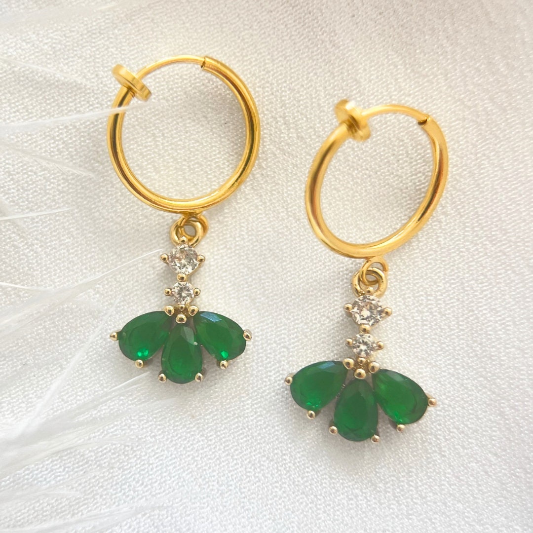 Art Deco Clip On Earrings Green CZ Diamond